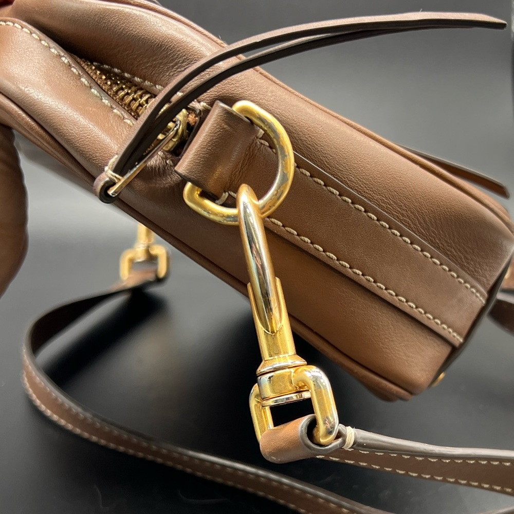 Tory Burch Leather Monogram Crossbody Camera Bag Two Way Tan - Picture 14 of 16